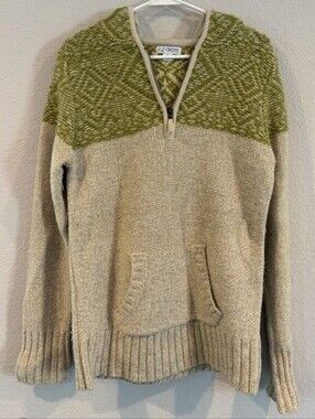 Guide Series Womens Cream Green 1/4 Zip Hooded Wool Blend Pullover Sweater SZ M